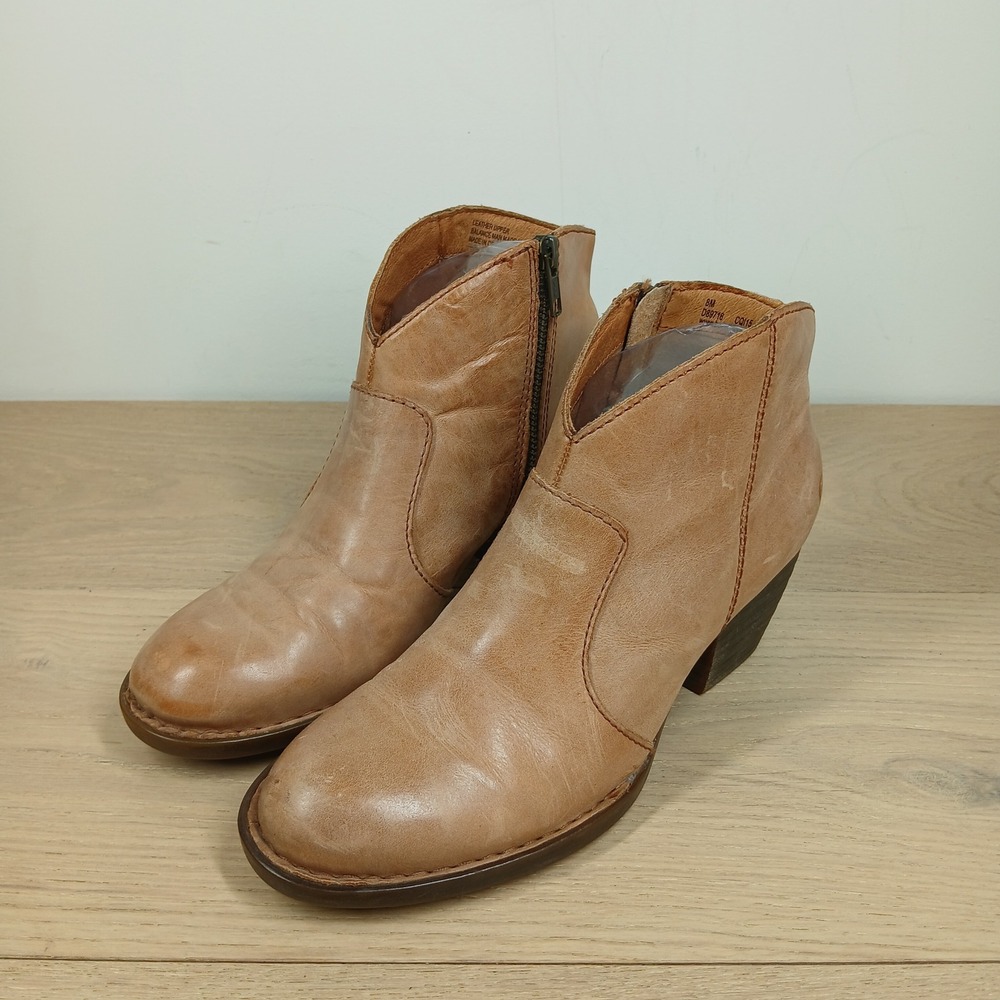 Born Ankle Boots Womens 8M Tan Leather Western Dip Top Stacked Heel Zip Booties